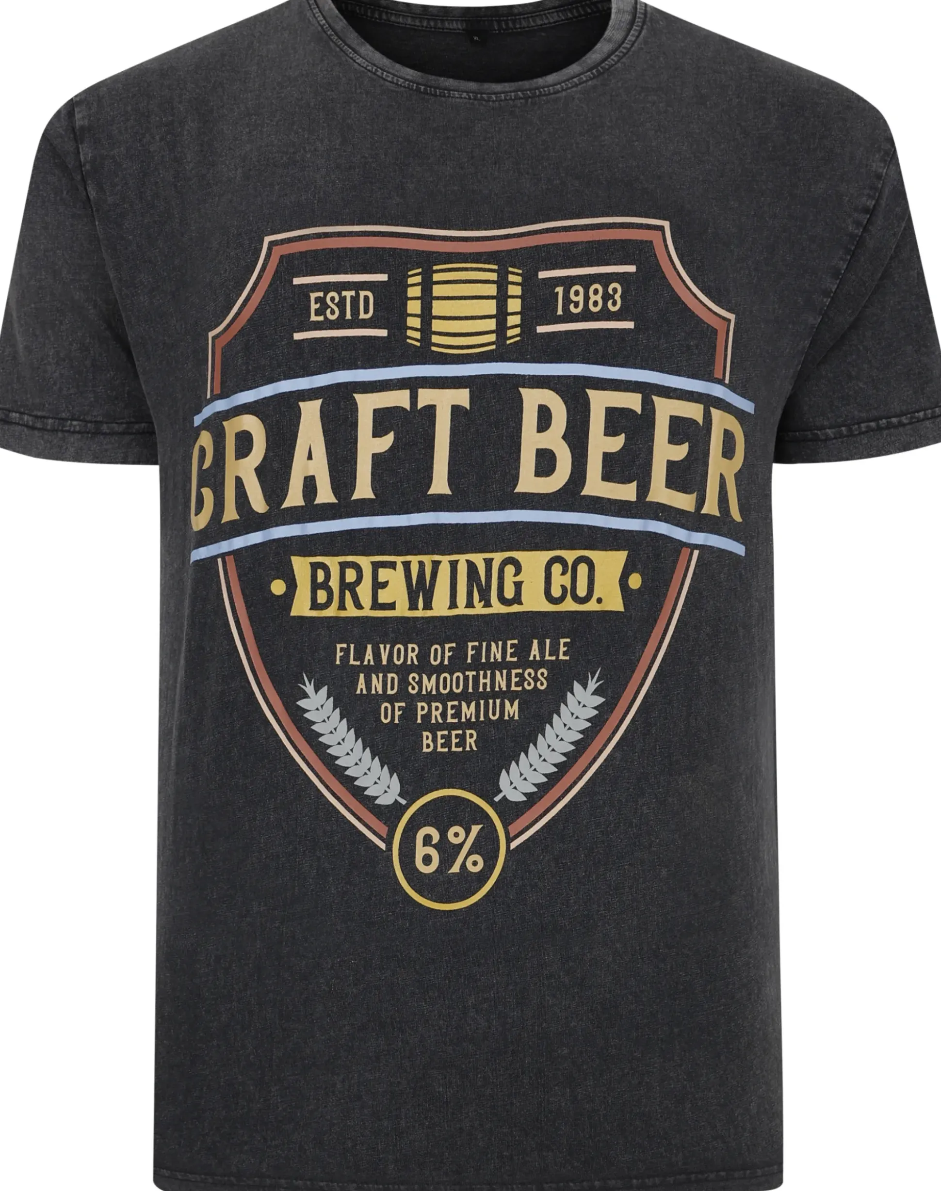 Bigdude Acid Wash Craft Beer Print T-Shirt Washed Black