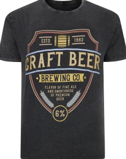 Bigdude Acid Wash Craft Beer Print T-Shirt Washed Black Tall