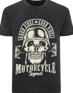Bigdude Acid Wash Skull Print T-Shirt Washed Black