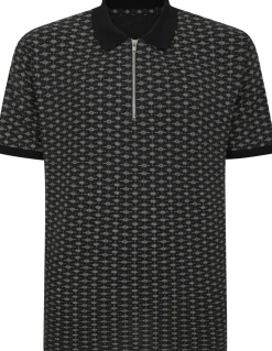 Bigdude AOP Geometric Zipped Polo Charcoal Tall