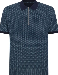 Bigdude AOP Geometric Zipped Polo Navy Tall