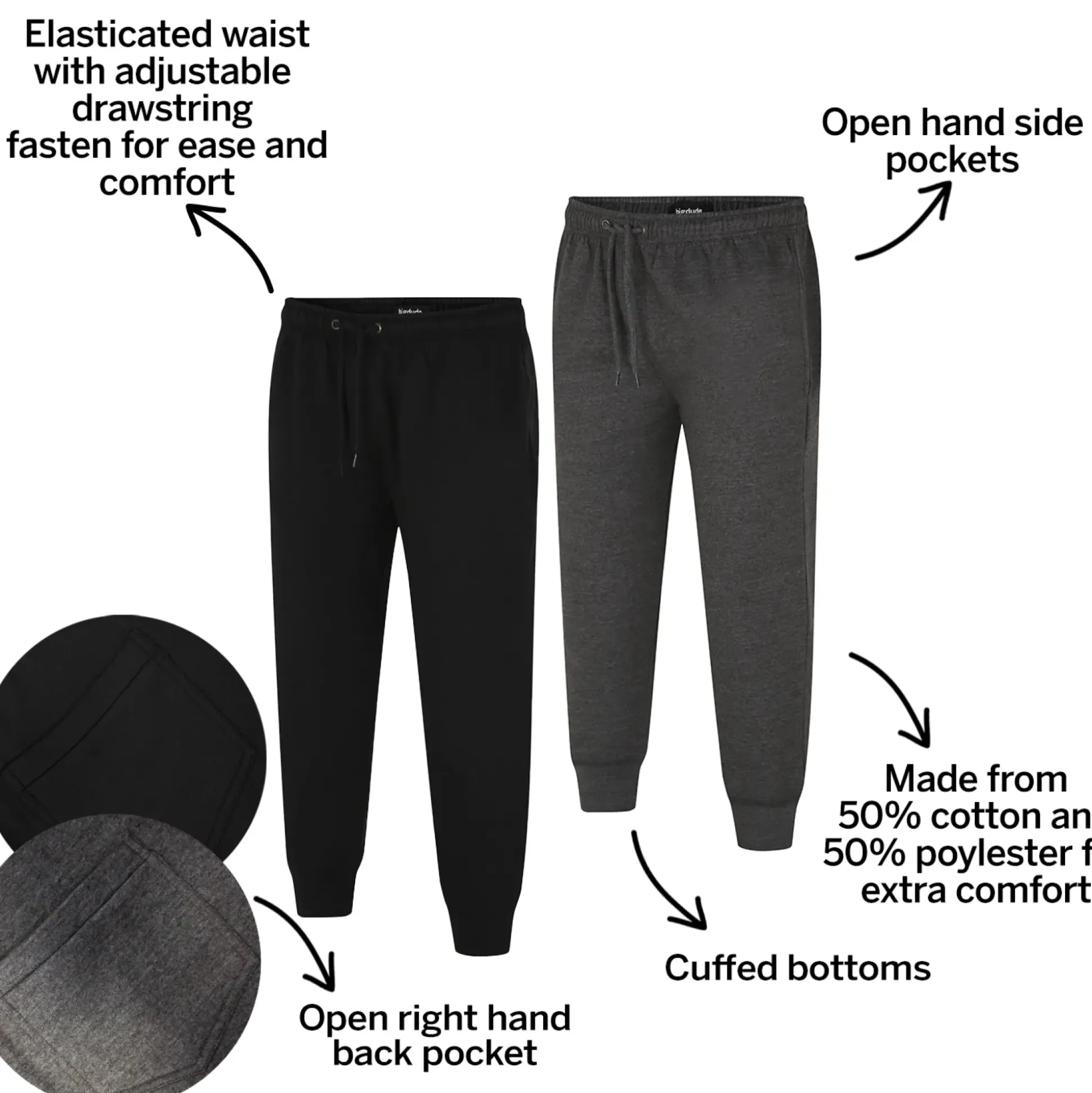 Bigdude Basic Cuffed Joggers Twin Pack Black/Charcoal