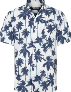Bigdude Blue Palms Viscose Relaxed Collar Shirt White