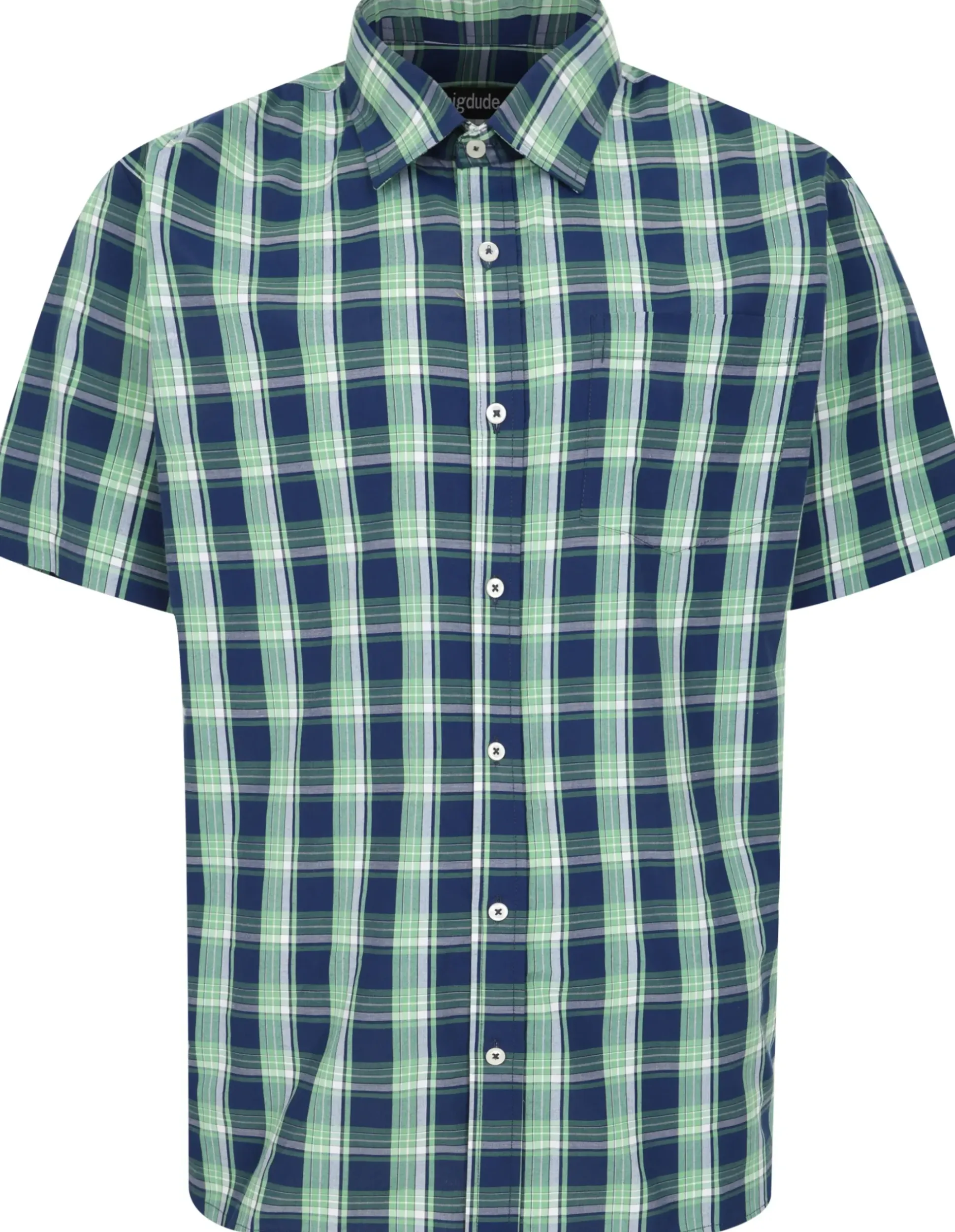 Bigdude Checked Poplin Short Sleeve Shirt Light Green/Navy Tall