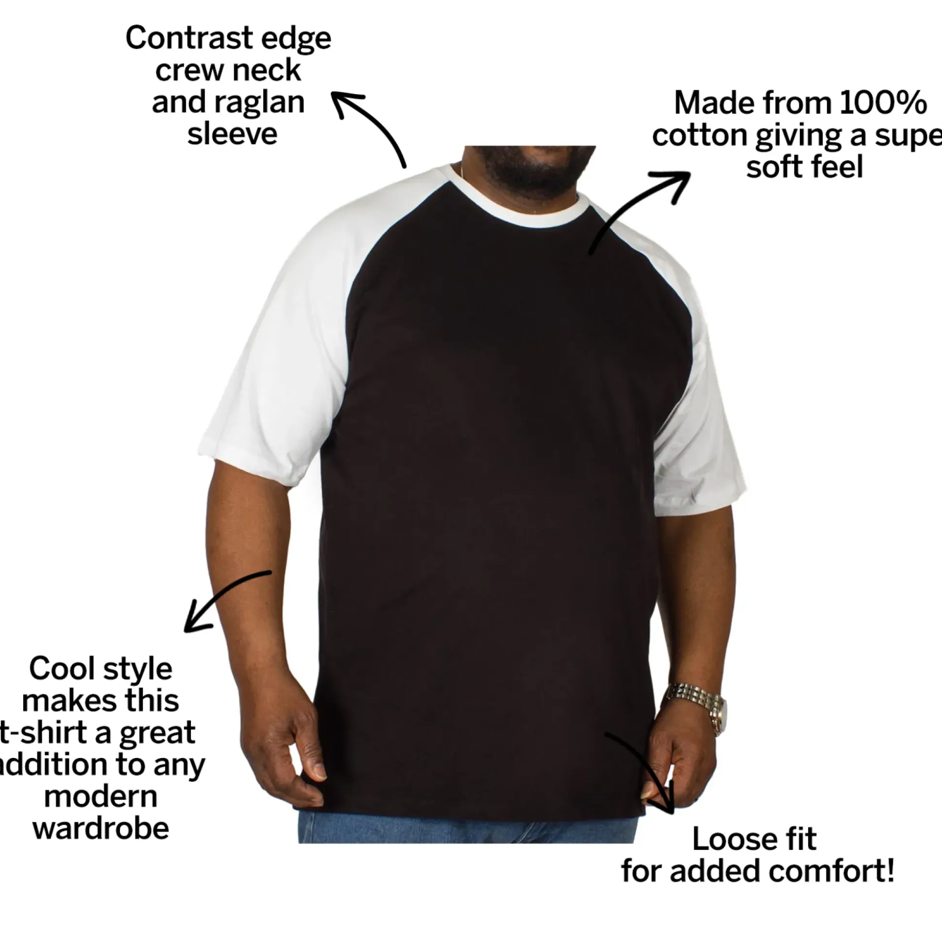 Bigdude Contrast Raglan Sleeve T-Shirt Black/White
