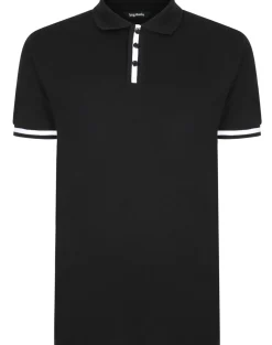 Bigdude Contrast Stripe Placket With Tipped Cuff Polo Shirt Black
