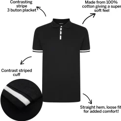 Bigdude Contrast Stripe Placket With Tipped Cuff Polo Shirt Black