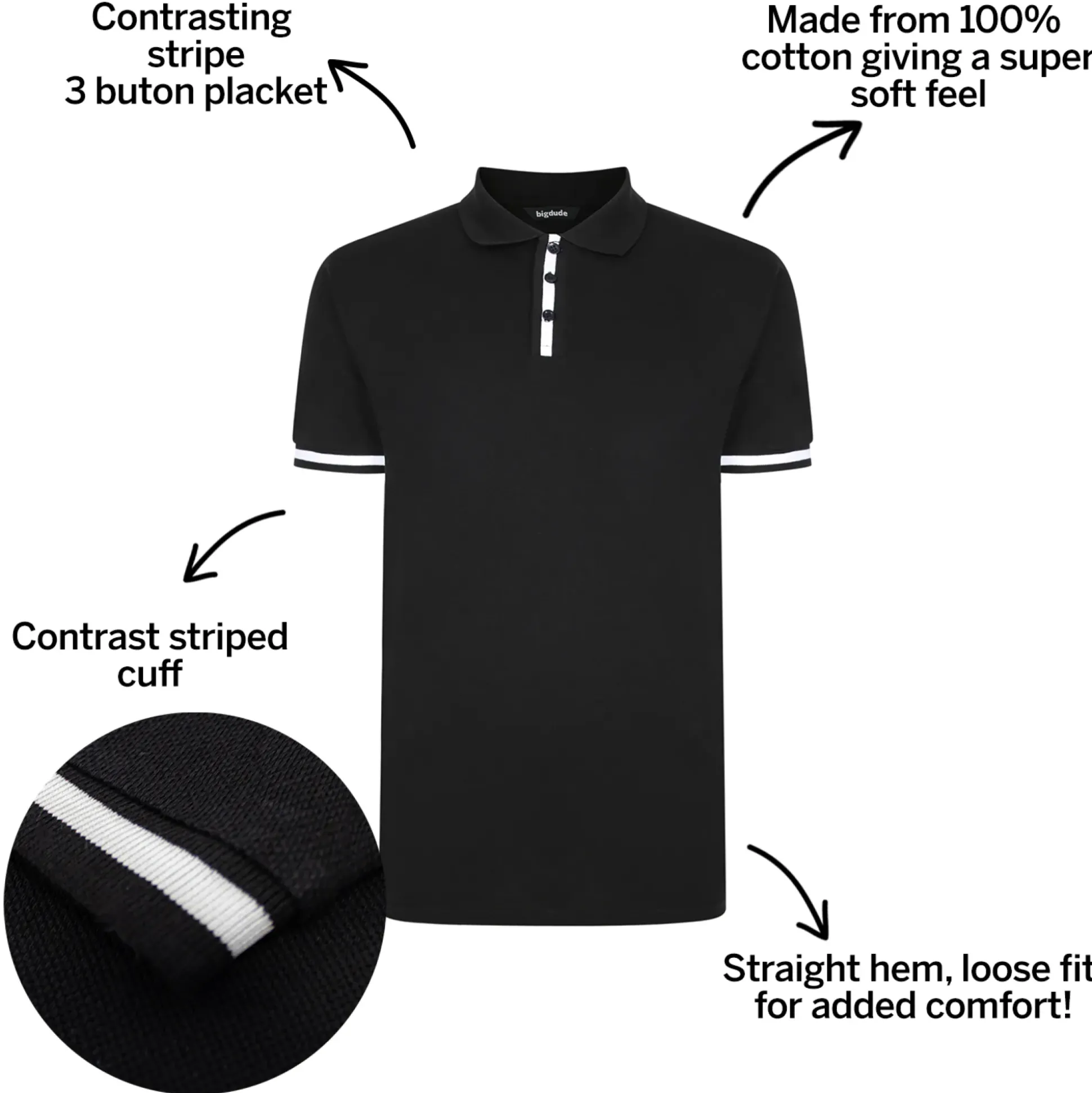 Bigdude Contrast Stripe Placket With Tipped Cuff Polo Shirt Black
