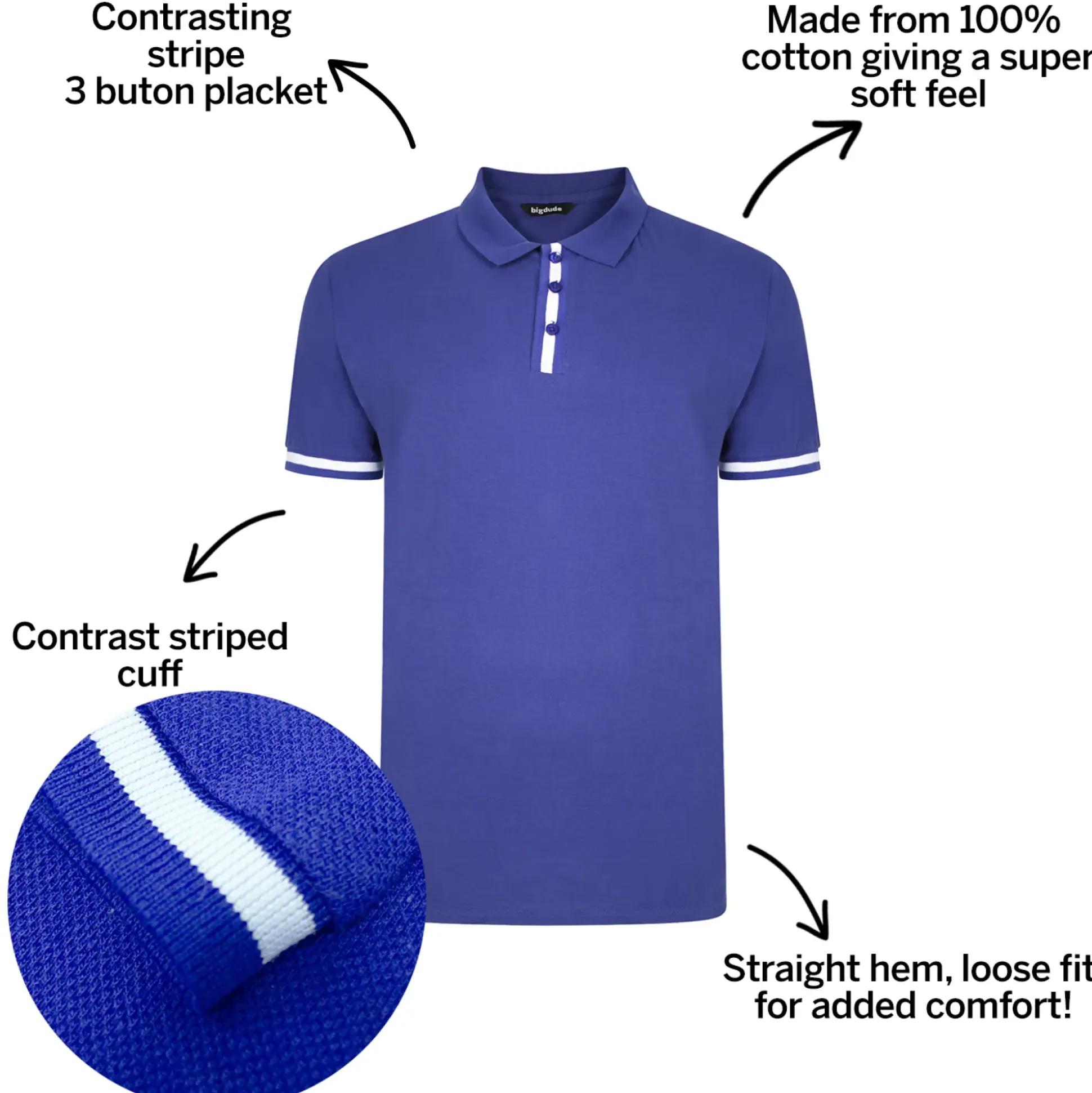 Bigdude Contrast Stripe Placket With Tipped Cuff Polo Shirt Cobalt
