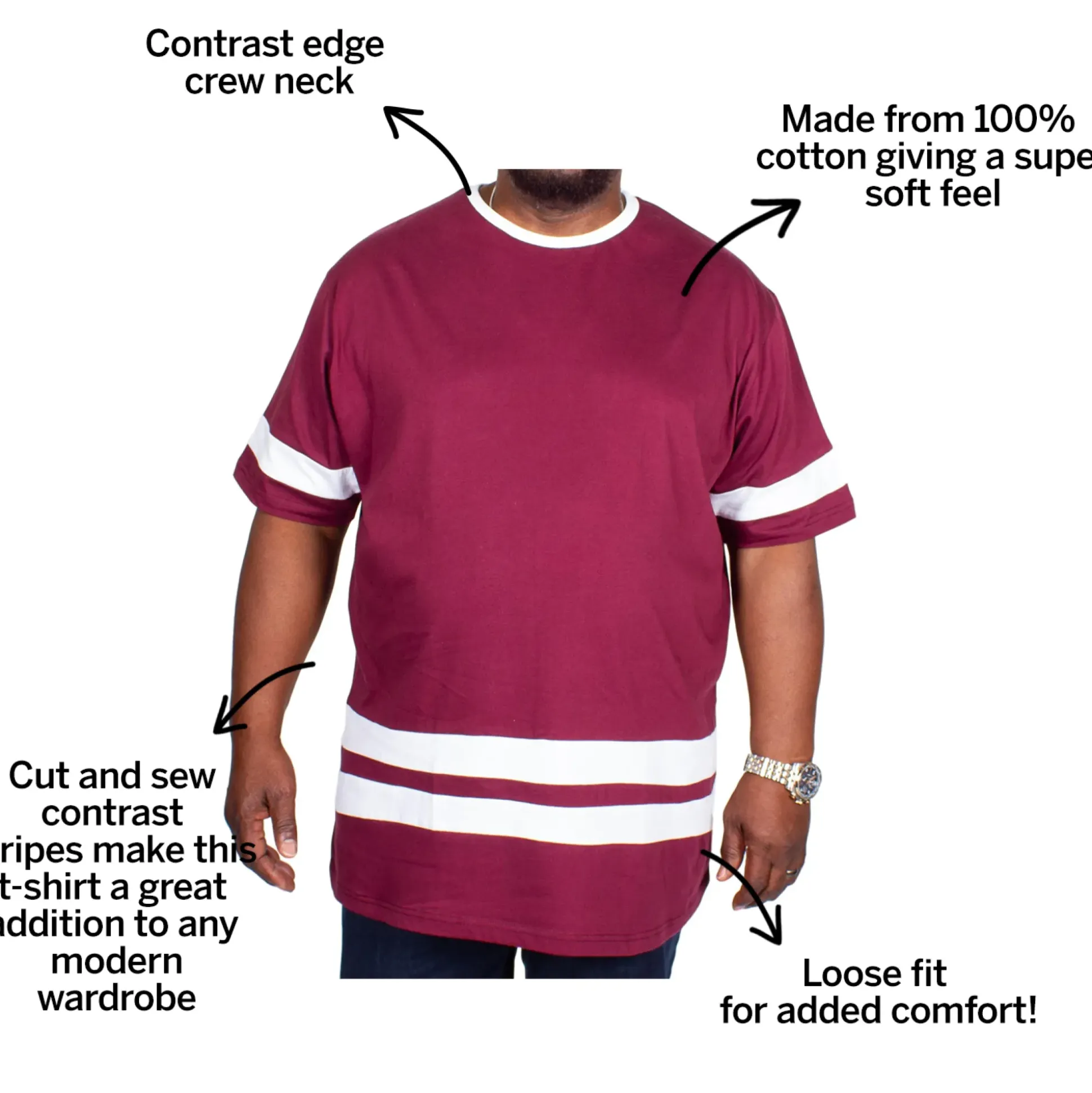 Bigdude Contrast Stripe T-Shirt Burgundy