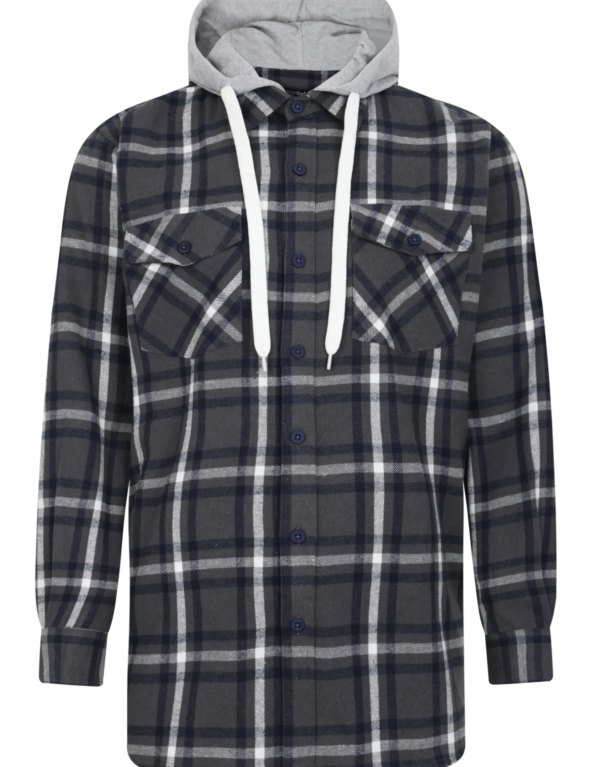 Bigdude Hooded Flannel Checked Shirt Charcoal/Navy