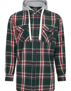 Bigdude Hooded Flannel Checked Shirt Green/Red Tall