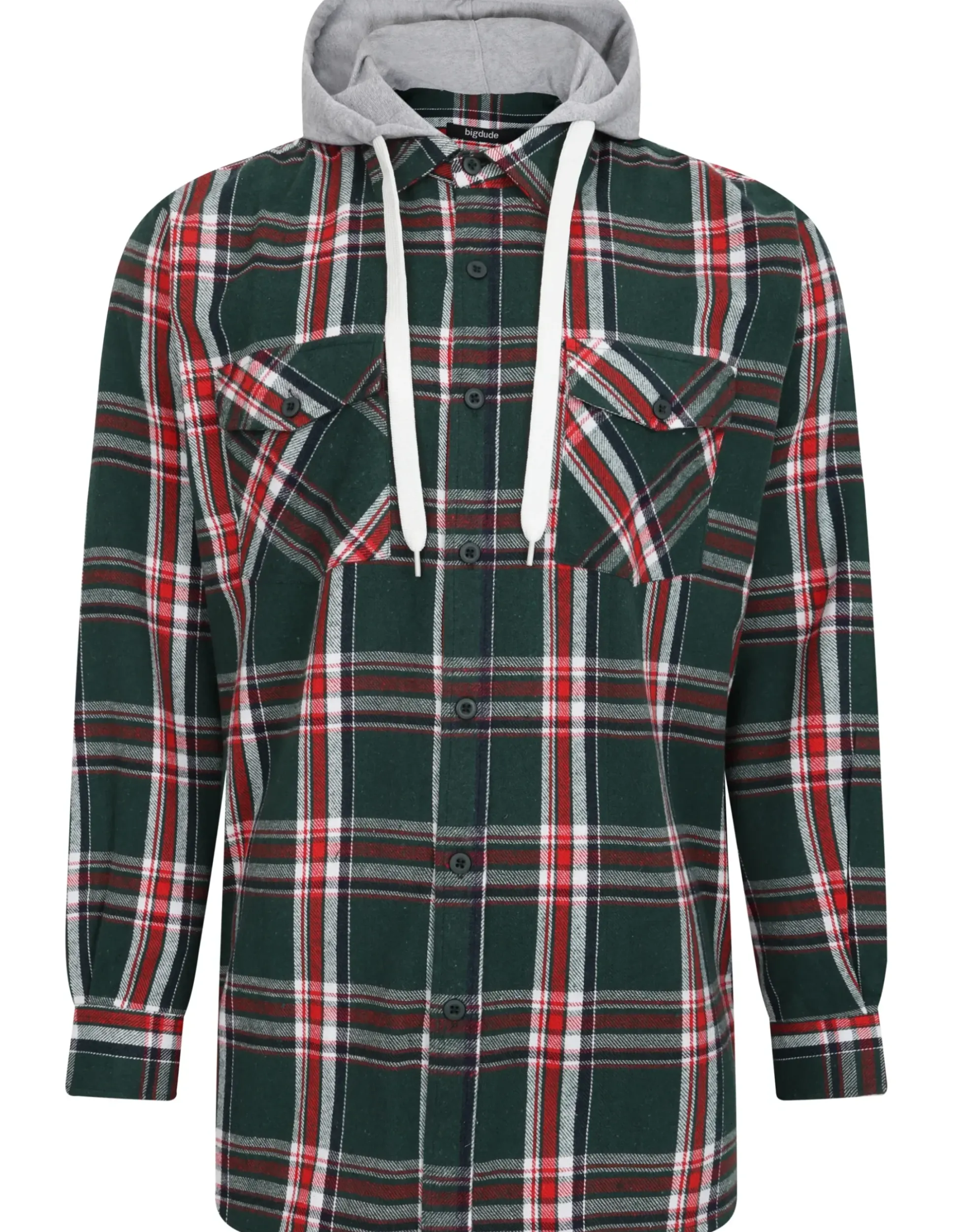 Bigdude Hooded Flannel Checked Shirt Green/Red Tall