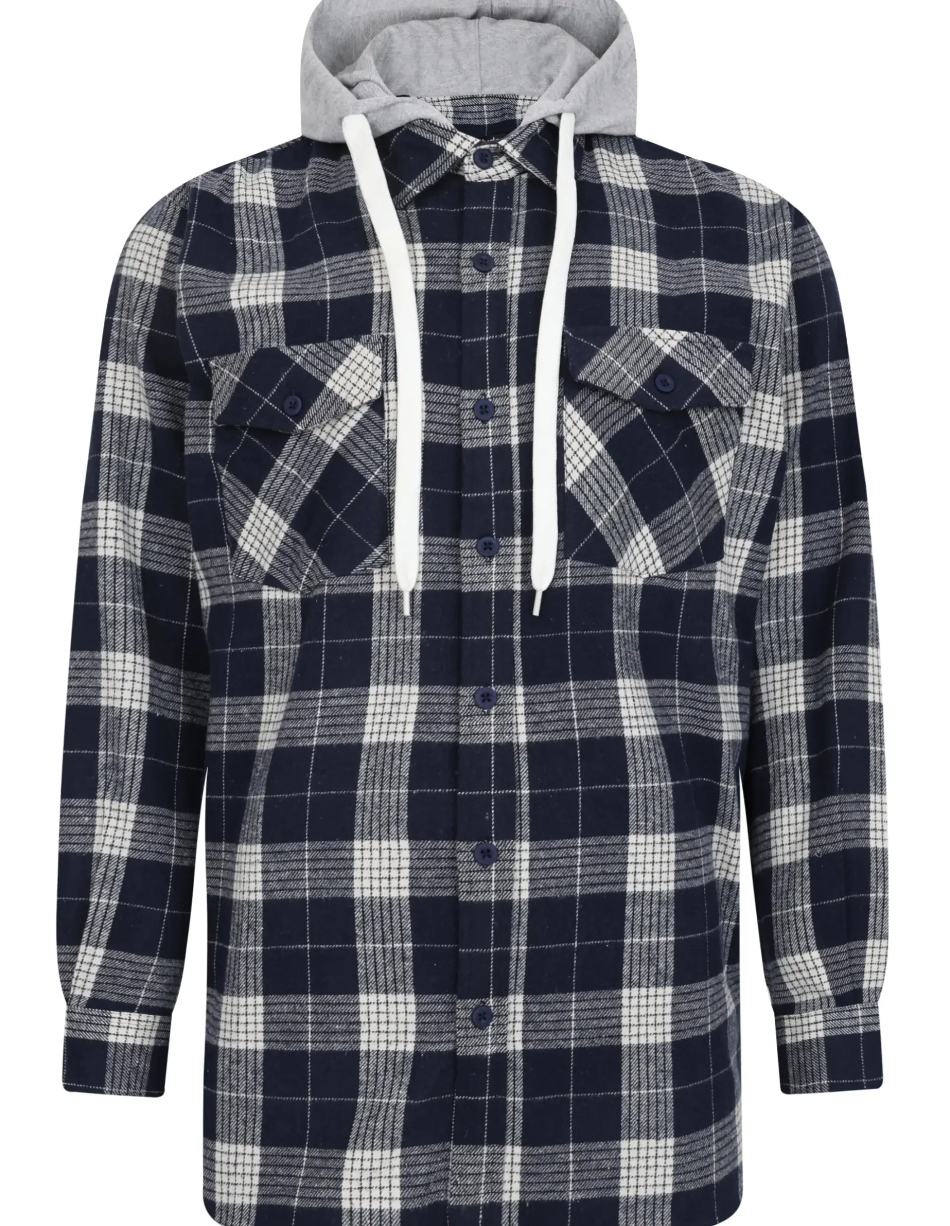 Bigdude Hooded Flannel Checked Shirt Navy/White Tall