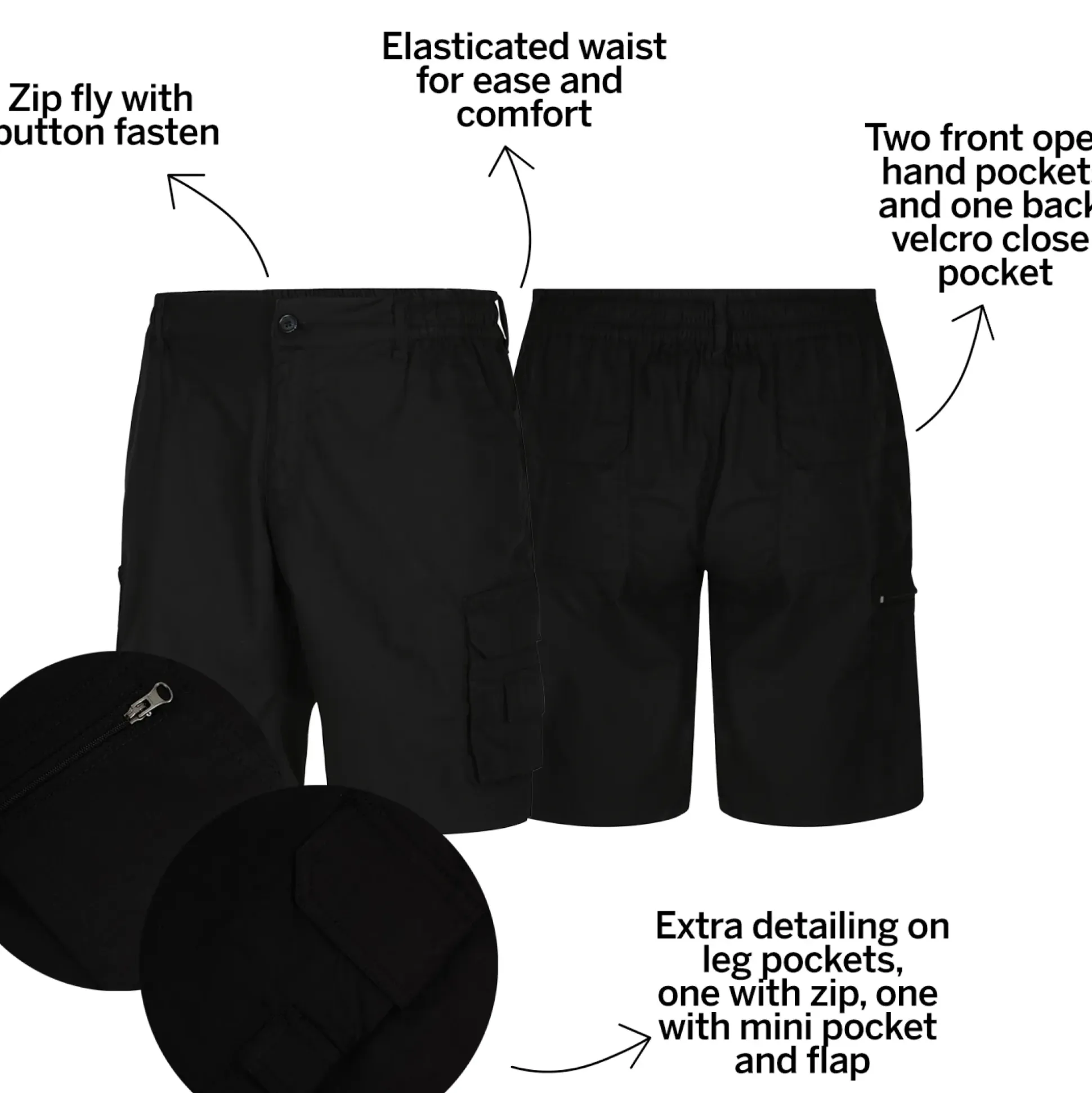 Bigdude Light Weight Elasticated Waist Cargo Shorts Black